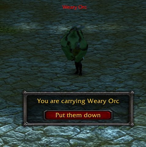 A player carrying an unconscious orc over one shoulder, with a Put them down button.