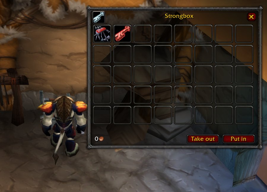 A strongbox window holding a lockpick and a key, with Take out and Put in buttons.